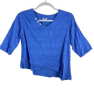 Cottonseed Wear Womens Cotton Blue Textured V Neck 3/4 Sleeve Button Top XL